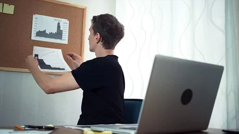Freelancer having video call using laptop demonstrating printed analyzing graphs Stock-Footage 79899079