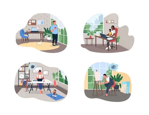 Freelancer in home office 2D vector web banner, poster set 스톡 일러스트