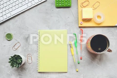 Freelancer home office desk workspace. Flat lay, top view, social media hero Stock Photos