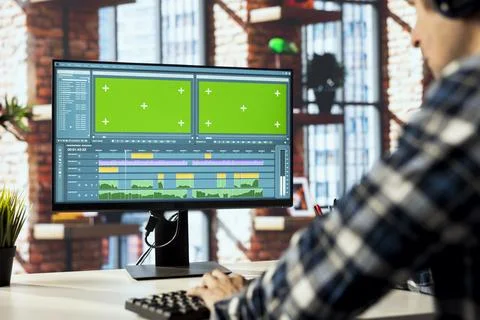 Freelancer in home office using editing tools on isolated screen computer Stock Photos
