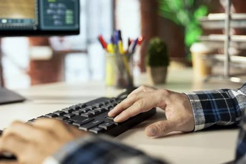 Freelancer in home office using interior design app to redesign room 스톡 사진