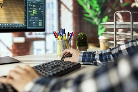 Freelancer in home office using virtual home interior design software, close up 스톡 사진