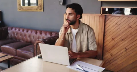 Freelancer, idea and man with laptop in restaurant for remote work, reflection Stock Footage 330073531