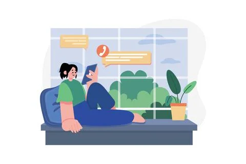 Freelancer Lady Talking On Tablet White Seating On Window 스톡 일러스트