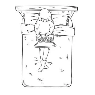 Freelancer with laptop on the bed. Comic style image for coloring. Top view. Stock Illustration