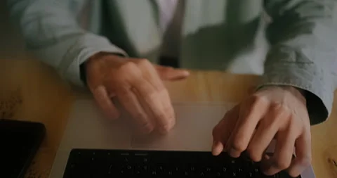 Freelancer With Laptop In Cafe, Closeup View Of Hands On Keyboard And Portrait Stock Footage 277185184