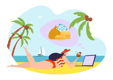 Freelancer with laptop, concept, vector illustration, flat woman character lying Ilustração Stock