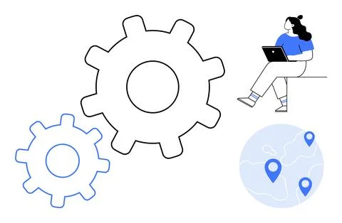 Freelancer with Laptop Integrating Collaborative Work and Data Visualization Illustrazione stock
