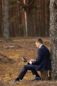 Freelancer with laptop working in forest Stock Photos