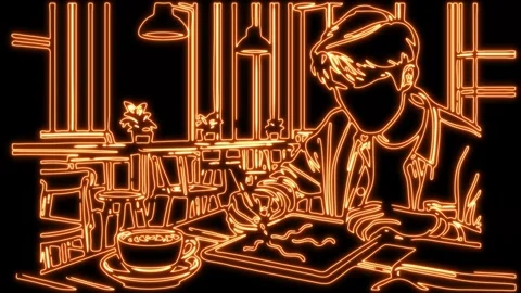 Freelancer Man Working in the Cafe Neon Animation Stock Footage 302220979
