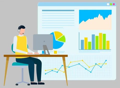 Freelancer Man Working on Project Data Analysis Stock Illustration