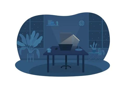 Freelancer office at night 2D vector web banner, poster Stock Illustration
