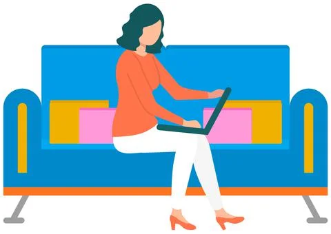 Freelancer performing task and typing on laptop keyboard. Girl with computer Ilustración de archivo