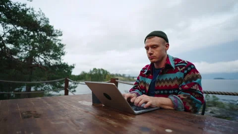 Freelancer Programmer Or Web Designer Working Remotely From Trip Or Country Stock Footage 258211612