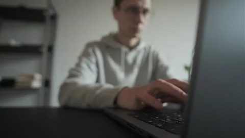 Freelancer programmer working at home at day , writing code on computer, hacker Stock Footage 311450307