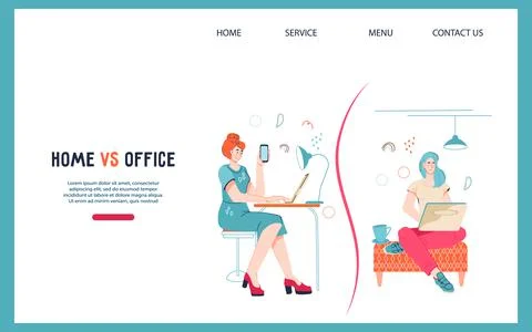 Freelancer remote occupation vs office work website banner, flat vector on wh Illustrazione stock