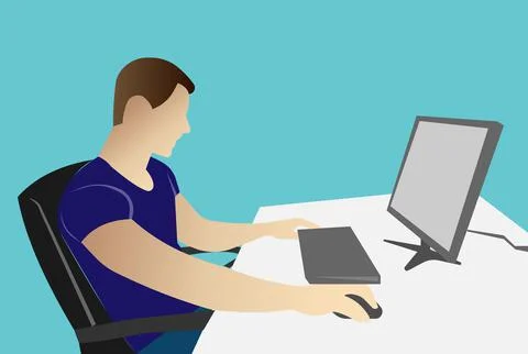 The freelancer is sitting in a chair at the computer. 库存插图