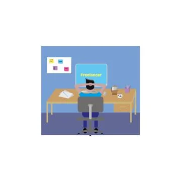 Freelancer sitting in front of a computer thinking and relaxing. Stock Illustration