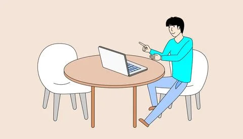 Freelancer is sitting at a table with a laptop Stock Illustration