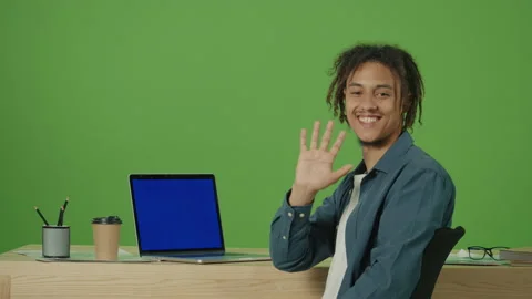 Freelancer Student Typing on Blue Screen Laptop Working in Internet, Online Job Stock Footage 219758279