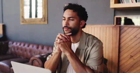 Freelancer, thinking and man with laptop in coffee shop for remote work, Stock Footage 330040682