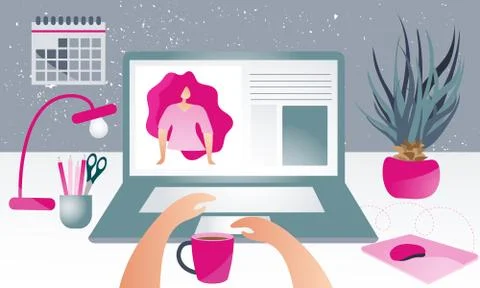 Freelancer typing on the computer and having a video call. Illustrazione stock