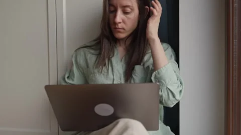 Freelancer using laptop and the Internet. Workplace in living room. close up Stock Footage 254814510