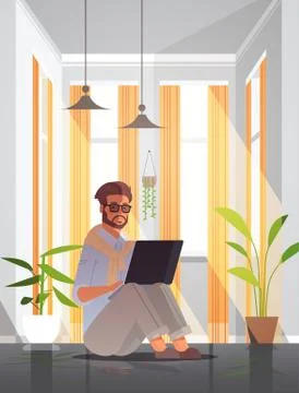 Freelancer using laptop man working from home self-isolation coronavirus Stock Illustration