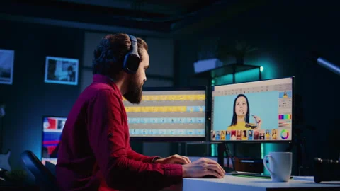 Freelancer using photographs retouching program, hearing songs through Stock Footage 258398419