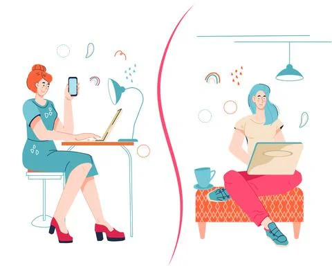 Freelancer vs office work concept with women working, flat vector isolated on Stock Illustration