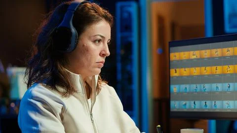 Freelancer wearing audio headset, using graphic tablet to edit images Stock Photos