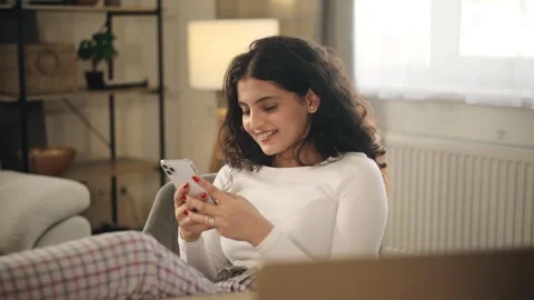 Freelancer woman have break using social media application on smartphone Stock Footage 251747804