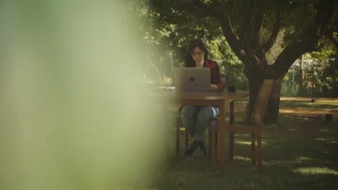 Freelancer woman working with the computer in a park Video stock 76179854