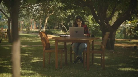 Freelancer woman working with the computer in a park Video stock 76180465