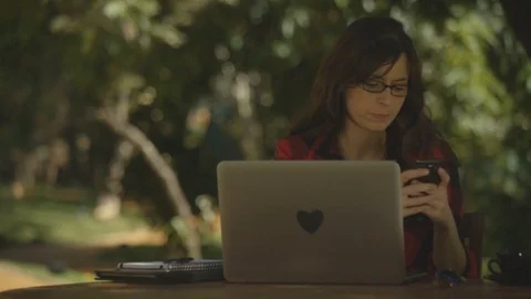 Freelancer woman working with the computer in a park Vídeo Stock 76196816