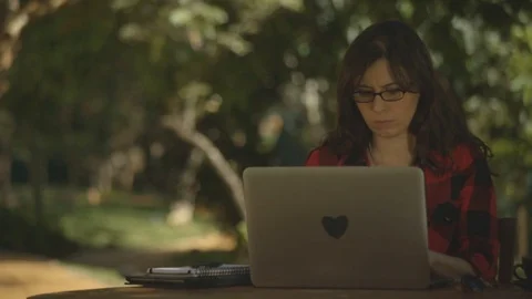 Freelancer woman working with the computer in a park Vídeo Stock 76196904