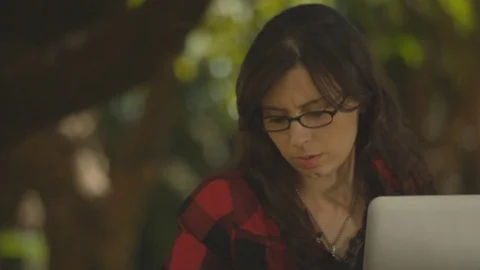 Freelancer woman working with the computer in a park Vídeo Stock 76197671
