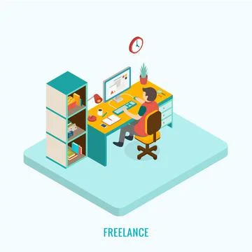 Freelancer at work. Isometric 3D concept, vector illustration Stock Illustration