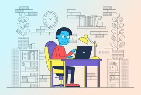 Freelancer at work with laptop on table Stock Illustration