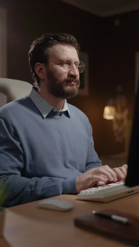 Freelancer at work. Male remote worker in home office begins working on computer Stock Footage 337643064