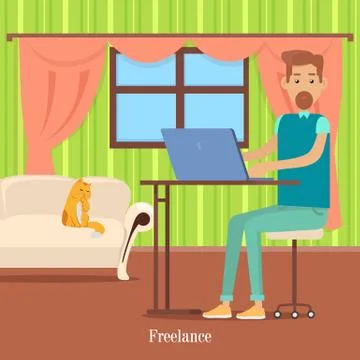 Freelancer at Work. Man with Beard Sit at Desk Illustrazione stock