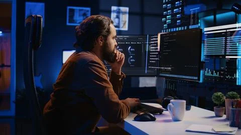 Freelancer working on computer, using AR augmented reality tech to code Stock Photos