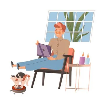 Freelancer working at home with laptop computer. Man using gadget while sitting Stock Illustration
