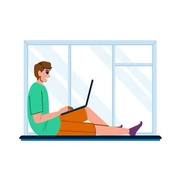 Freelancer working from home, using laptop near window Stock Illustration