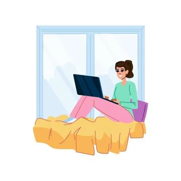 Freelancer working from home using laptop on bed near window Stock Illustration