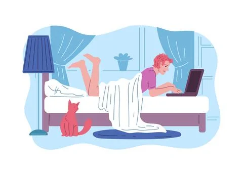 Freelancer working on laptop in bed, vector illustration in simple flat style. Illustrazione stock