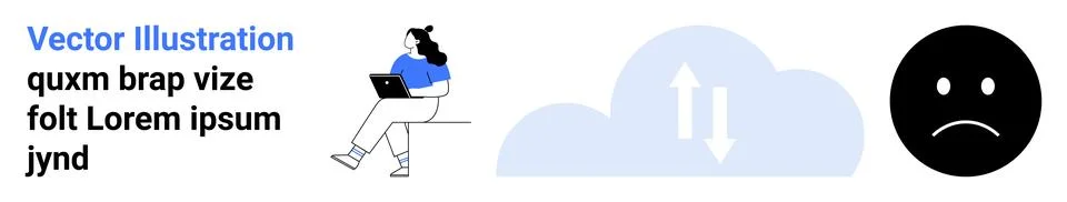 Freelancer working on laptop, cloud storage icon, and sad face symbol イラスト素材