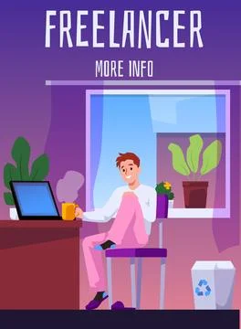Freelancer working on laptop at home, flat cartoon vector illustration Stock Illustration