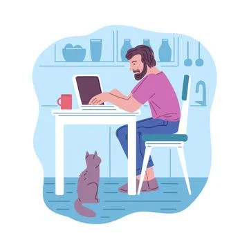Freelancer working on laptop at home, vector illustration in simple flat style. Illustrazione stock