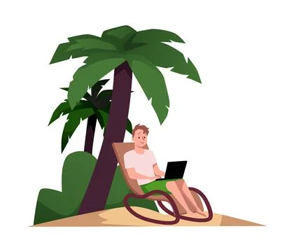 Freelancer working on laptop under the palm tree, vector illustration Stock Illustration
